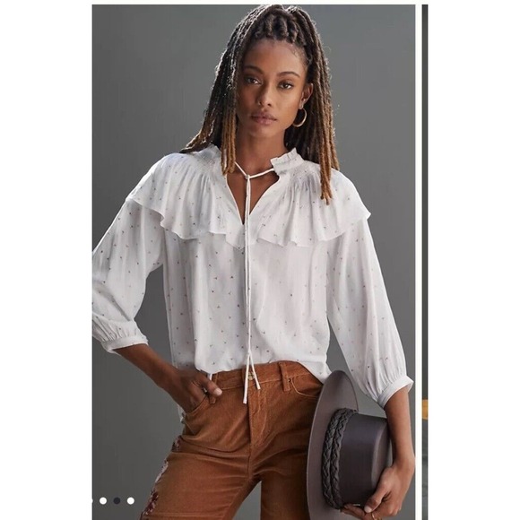 anthropologie current air White & Gold Floral Blouse $120 boho spring ruffle top - Picture 1 of 10